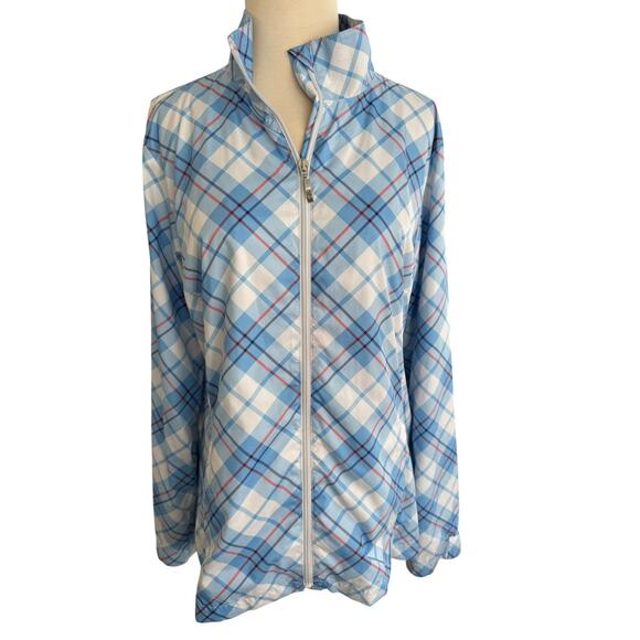 Size Large IZOD Golf Womens Full Zip Windbreaker Jacket Blue White Red Plaid - Picture 1 of 8